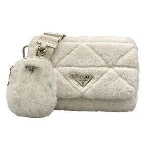 Auth PRADA - 1BD292 White Sheep Fur Shoulder Bag